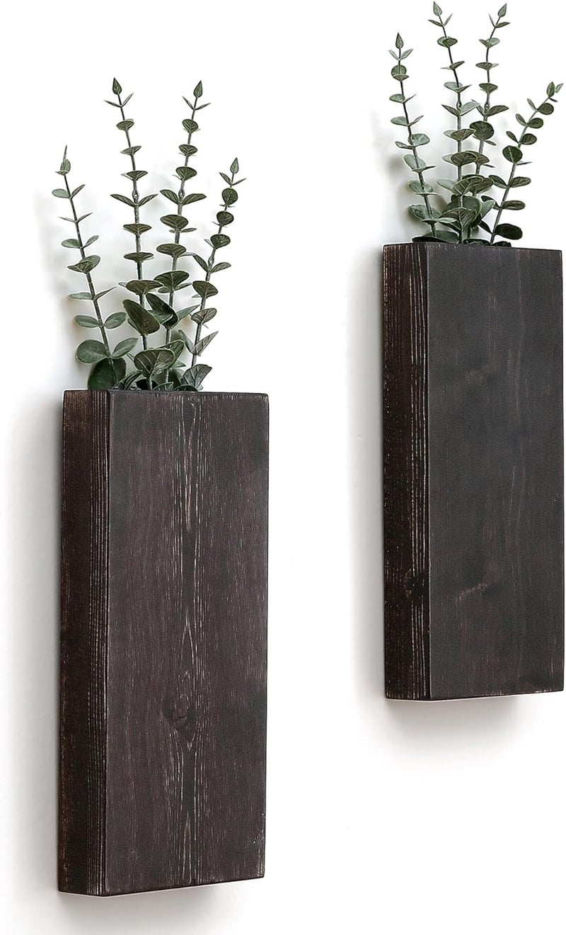 GRID FORTE Wood Wall Planter Set of 2, Wood Wall Pocket for Greenery and Dried Flowers, Indoor Wood Hanging Vase Modern Farmhouse Wall Decor for Living Room Bedroom Office Eucalyptus Stems Decorations (Expresso) - Image 1